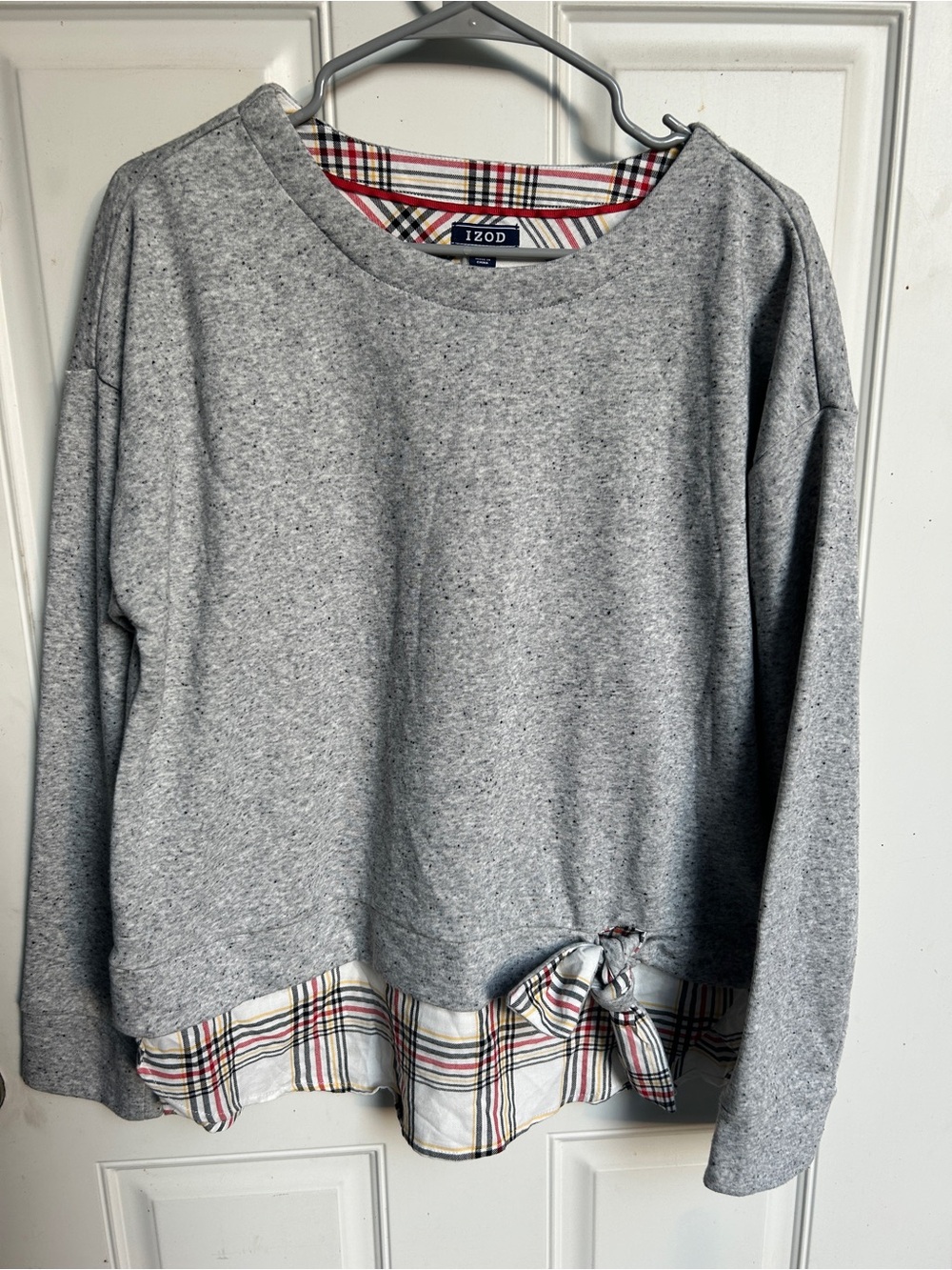 Izod Gray Sweatshirt with Plaid Hem and Front Tie